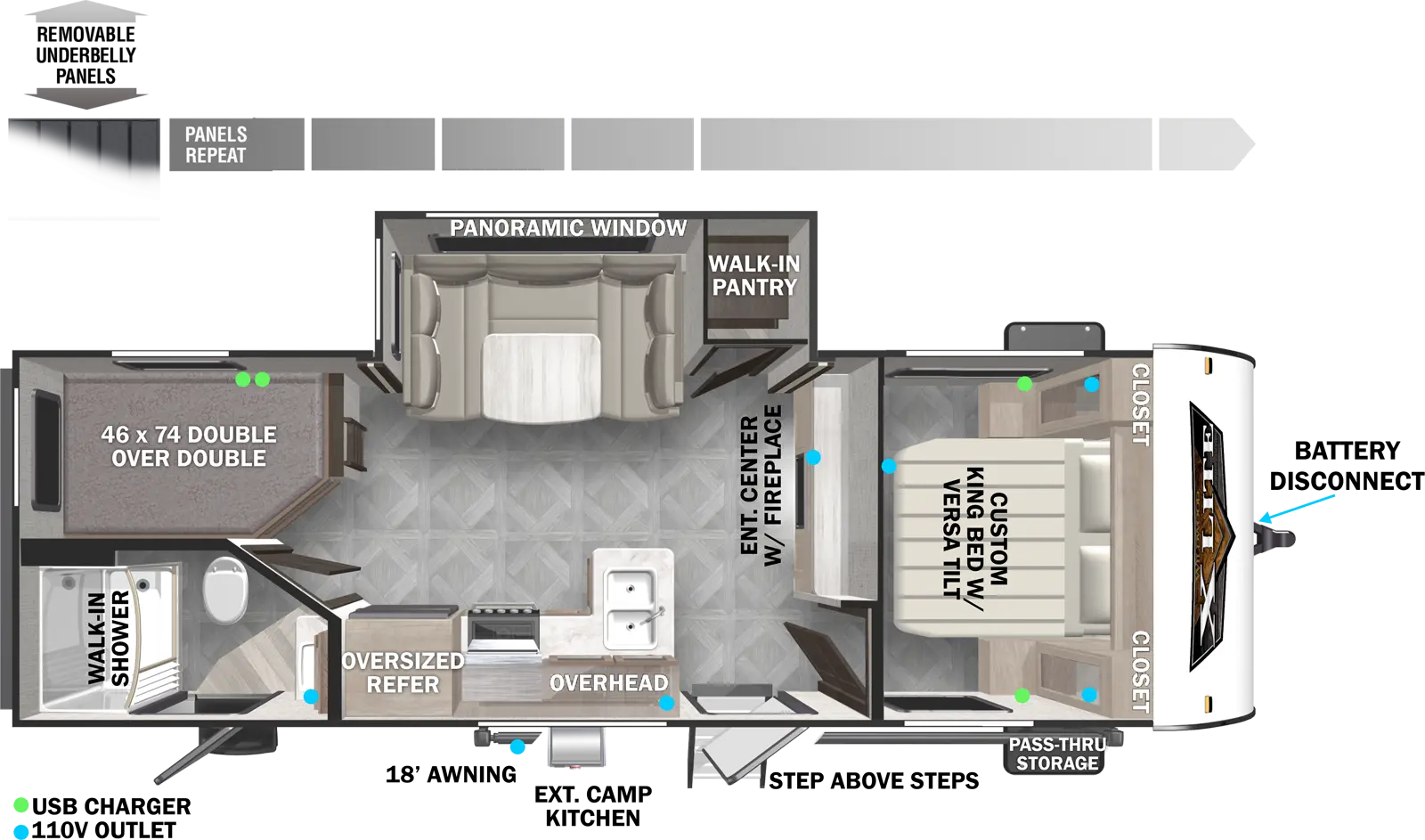 The 240BHXL has one slideout and two entries. Exterior features include an 18 foot awning, exterior camp kitchen, step above front entry steps front pass-thru storage, battery disconnect, and removable underbelly panels. Interior layout front to back: versa-tilt custom king bed with closets on each side; entertainment center with fireplace below along inner wall; off-door side slideout with walk-in pantry, u-dinette and panoramic window; door side entry, and kitchen with peninsula countertop sink, overhead cabinet, and oversized refrigerator; rear off-door side double over double bunk beds; rear door side full bathroom with walk-in shower and second entry.